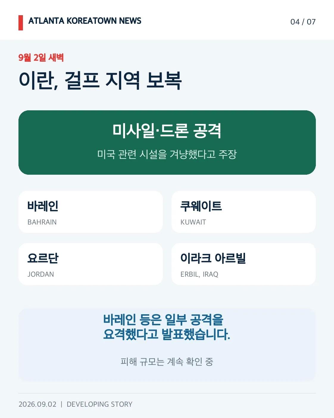 미국, 이란 공습…이란은 걸프 지역 미사일·드론 공격으로 보복 4/7